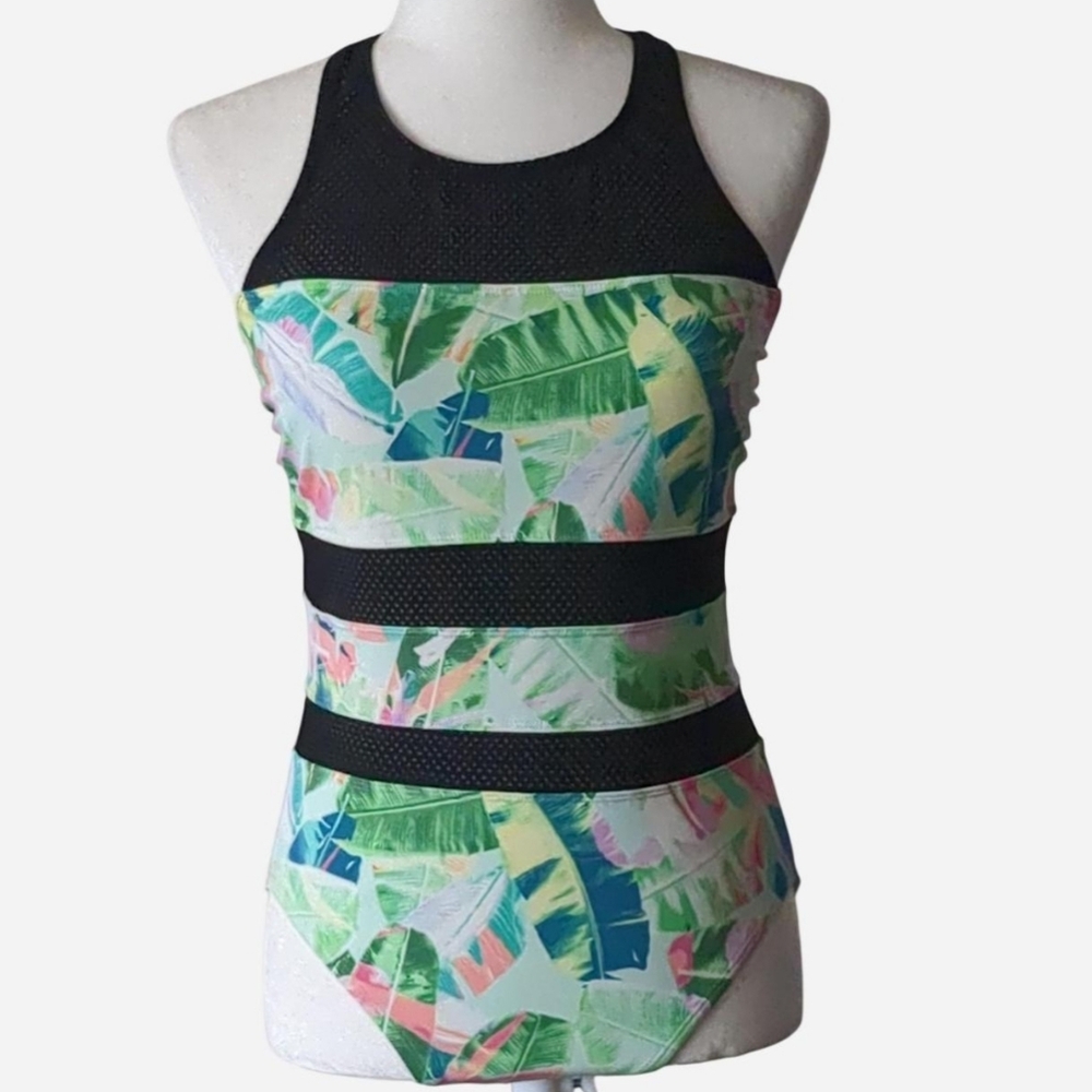 BEACH BETTY 1 PC Swimsuit By MIRACLE BRANDS Racerback Zipper / Mesh Sz M